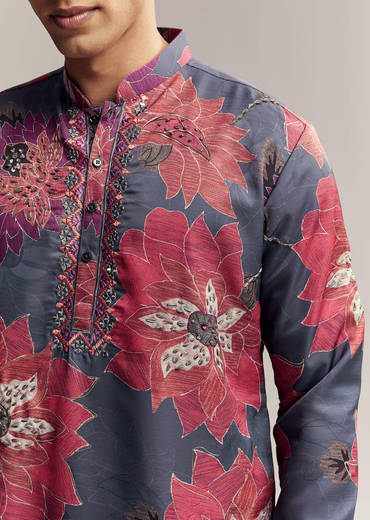 Blue Silk Kurta Set For Men With Floral Print