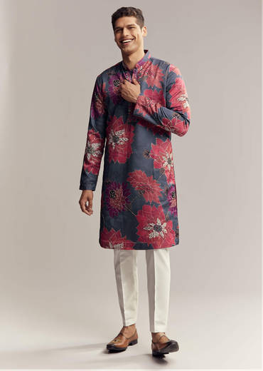 Blue Silk Kurta Set For Men With Floral Print
