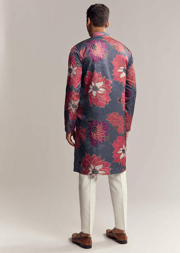 Blue Silk Kurta Set For Men With Floral Print