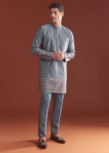 Blue Silk Kurta Set For Men With Intricate Resham Embroidery