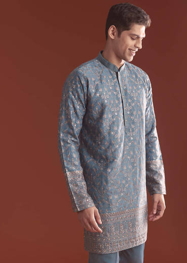 Blue Silk Kurta Set For Men With Intricate Resham Embroidery