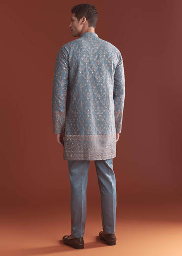 Blue Silk Kurta Set For Men With Intricate Resham Embroidery