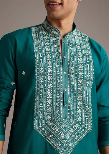 Blue Silk Kurta Set For Men With Mirror And Thread Work