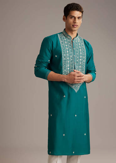 Blue Silk Kurta Set For Men With Mirror And Thread Work