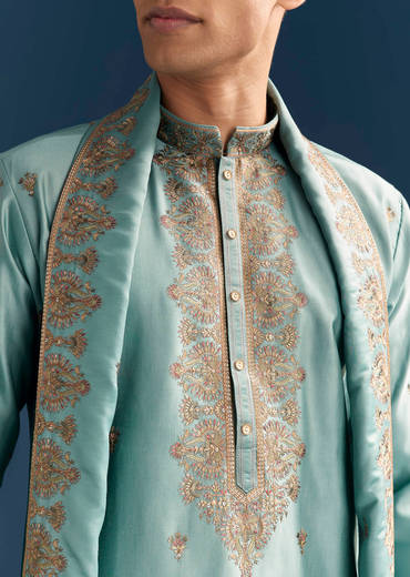 Blue Silk Kurta Set For Men With Thread Embroidery
