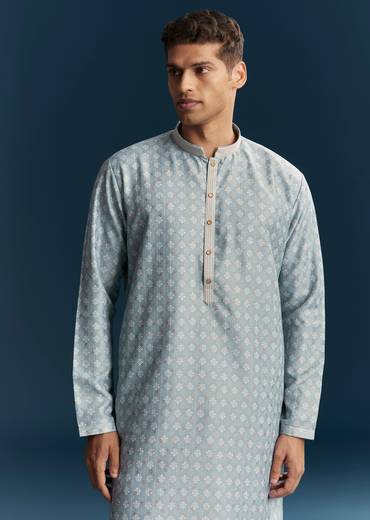 Blue Silk Kurta Set With Thread Detail Work