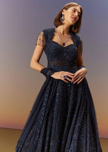 Blue Sleeveless Gown With Dupatta