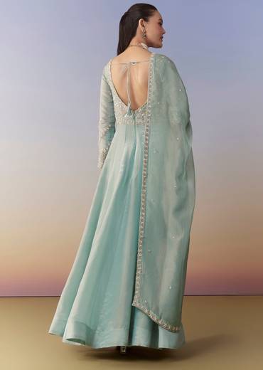 Blue Slit Anarkali Palazzo Set with Sequin Work