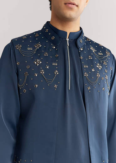 Blue Suiting Jacket Kurta Set With Metal Work