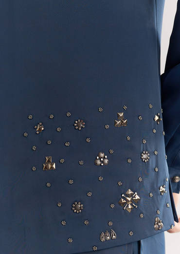 Blue Suiting Jacket Kurta Set With Metal Work