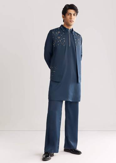 Blue Suiting Jacket Kurta Set With Metal Work