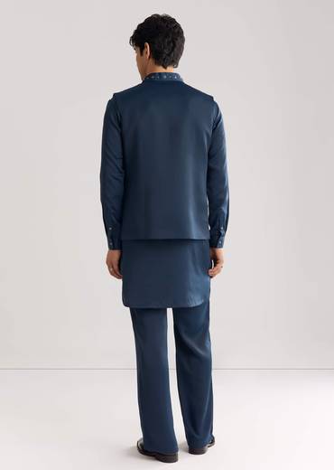 Blue Suiting Jacket Kurta Set With Metal Work