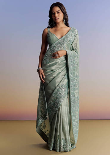 Blue Tissue Saree With Cutdana Sequins And Beads Embroidered Border