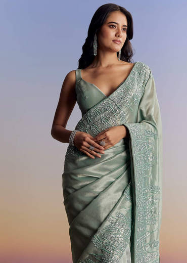 Blue Tissue Saree With Cutdana Sequins And Beads Embroidered Border