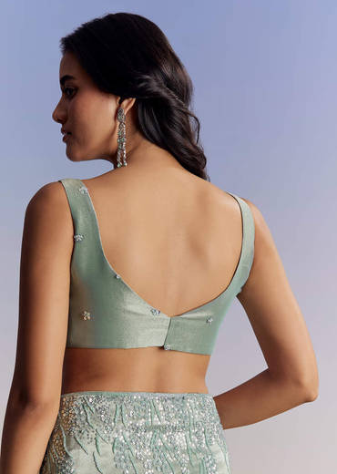 Blue Tissue Saree With Cutdana Sequins And Beads Embroidered Border