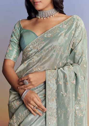 Blue Tissue Saree With Cutdana Sequins And Beads Hand Embroidery