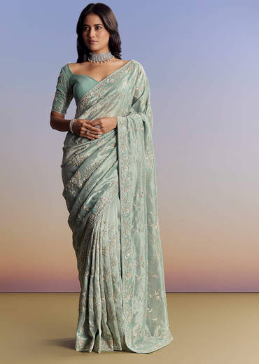 Blue Tissue Saree With Cutdana Sequins And Beads Hand Embroidery