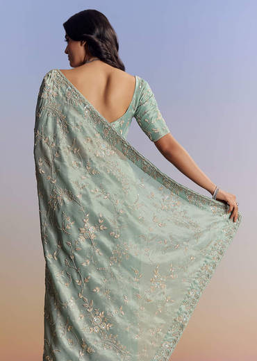 Blue Tissue Saree With Cutdana Sequins And Beads Hand Embroidery
