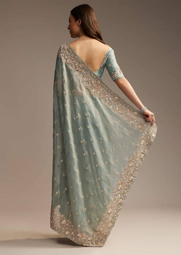 Blue Tissue Saree with Cutwork and Heavy Embroidery