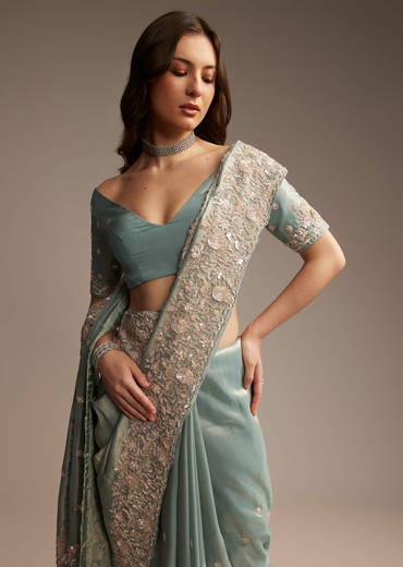 Blue Tissue Saree with Cutwork and Heavy Embroidery