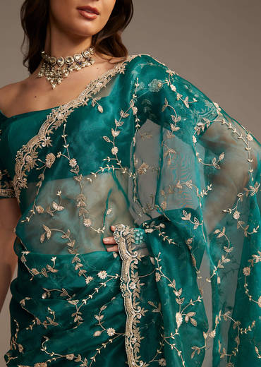 Blue Tissue Saree with Heavy Floral Jaal Embroidery
