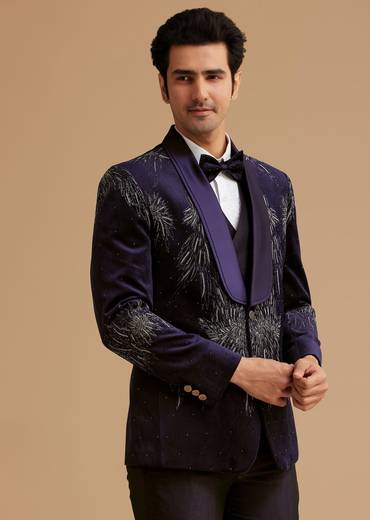 Blue Velvet Tuxedo with Stone and Cut Dana Work