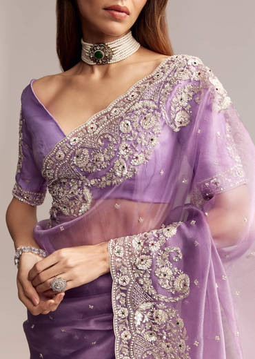 Blush Purple Tissue Saree With Floral Embroidery