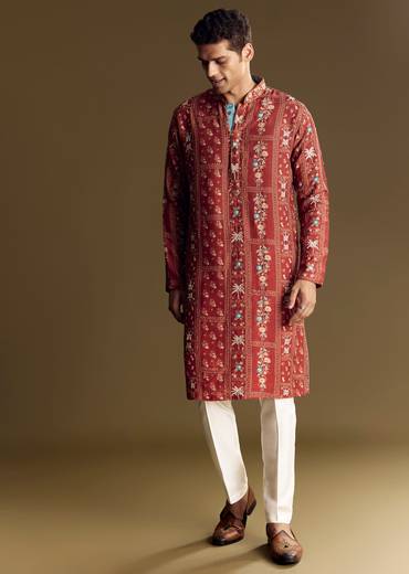 Bold Red Silk Kurta Set With Handcrafted Thread And Sequin Embellishments