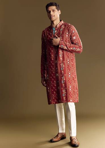Bold Red Silk Kurta Set With Handcrafted Thread And Sequin Embellishments