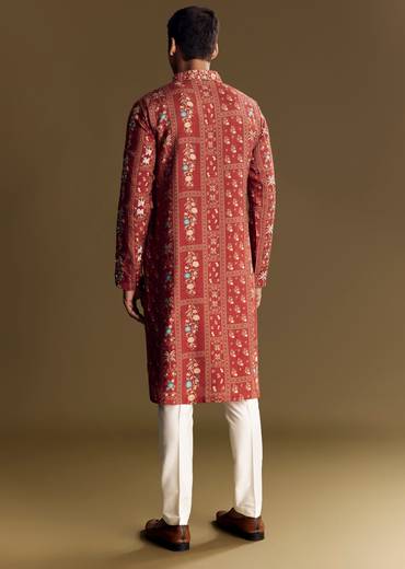 Bold Red Silk Kurta Set With Handcrafted Thread And Sequin Embellishments