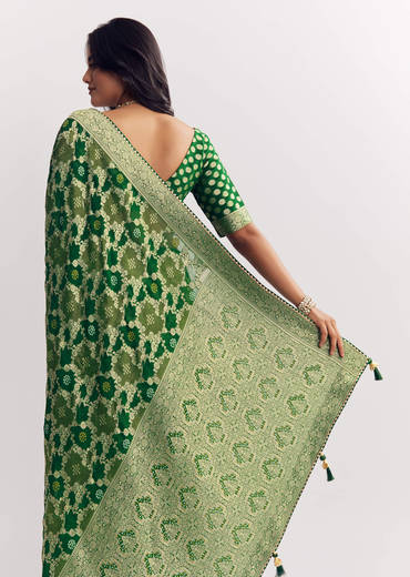 Bottle Green Shaded Dola Silk Saree With Zari Jaal Work