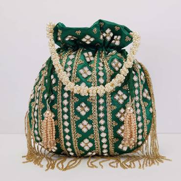 Bottle Green Mirror Work Silk Potli With Tassels And Pearl Handle