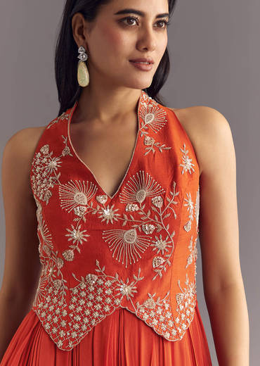 Orange Georgette Jumpsuit With Moti And Sequins Embroidery