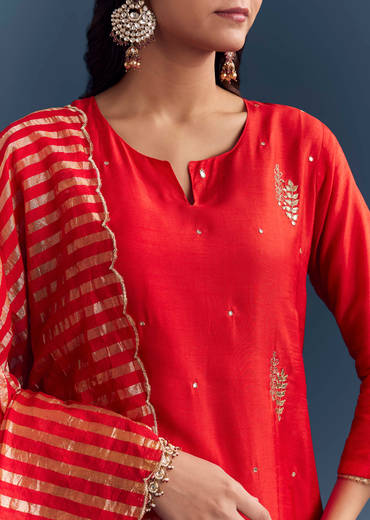 Bright Orange Silk Kurta Set With Zari And Gota Work