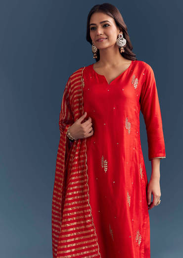 Bright Orange Silk Kurta Set With Zari And Gota Work