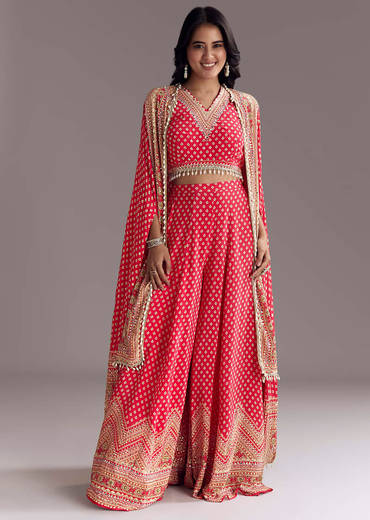 Bright Red Printed Cape Set