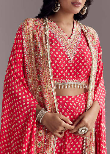 Bright Red Printed Cape Set