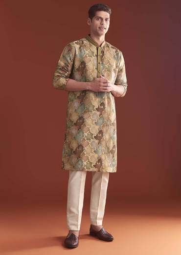 Brown Banarasi Kurta Set For Men With Vine Pattern