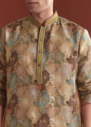 Brown Banarasi Kurta Set For Men With Vine Pattern