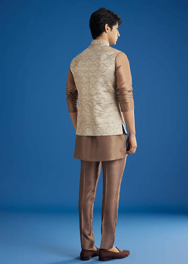 Brown Banarasi Silk Jacket Kurta Set With Cutdana Work