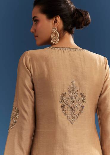 Brown Chanderi Embroidered Kurta Set With Crepe Dhoti And Gotta Detailing