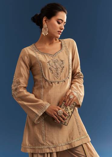 Brown Chanderi Embroidered Kurta Set With Crepe Dhoti And Gotta Detailing