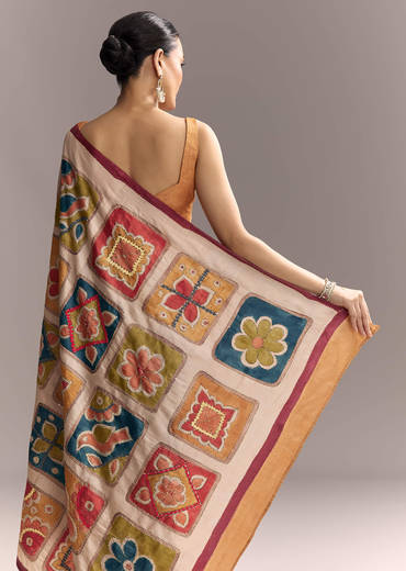 Brown Cotton Hand Painted Saree With Contrast Border