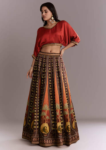 Brown Crepe Crop Top And Printed Skirt Set