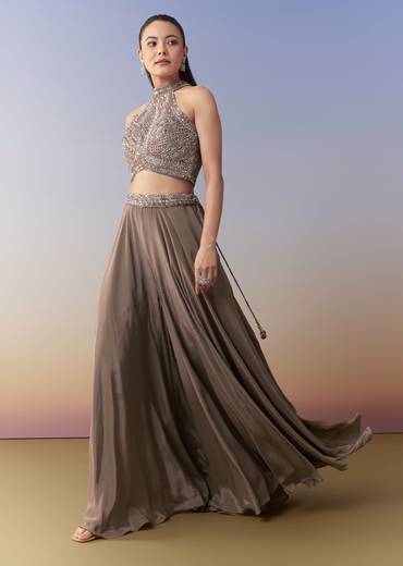 Brown Embellished Crop Top Palazzo Set