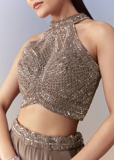 Brown Embellished Crop Top Palazzo Set