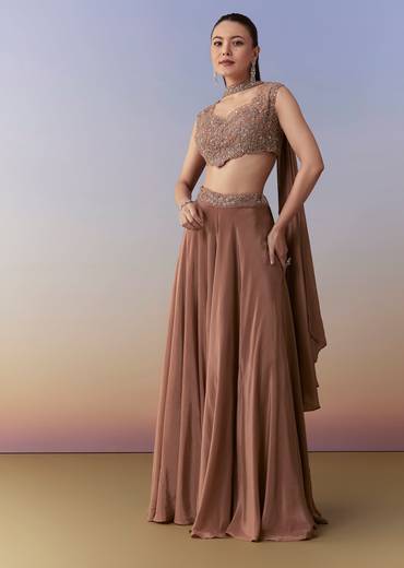 Brown Embellished Crop Top Pant Set with Dupatta