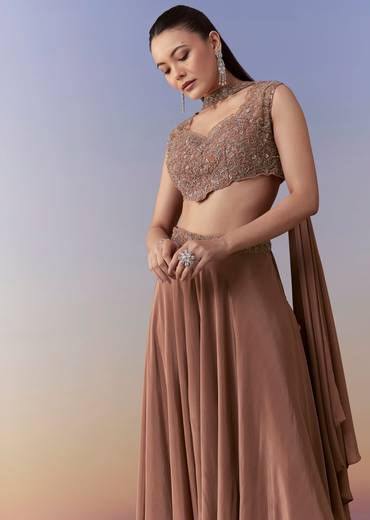 Brown Embellished Crop Top Pant Set with Dupatta