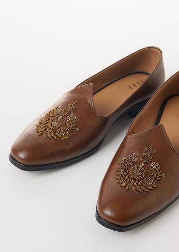 Brown Faux Leather Mens Loafers with Gold Thread Embroidery