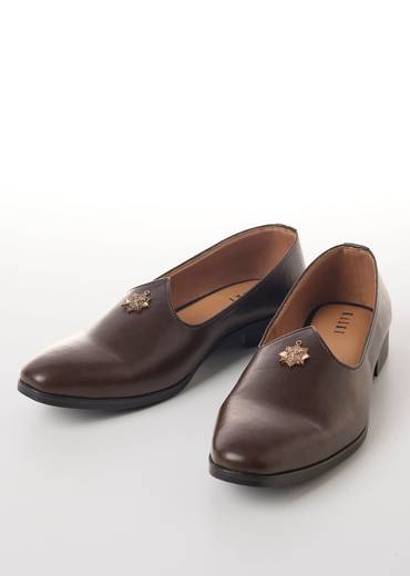 Brown Faux Leather Mens Loafers with Metallic Sunburst Charm
